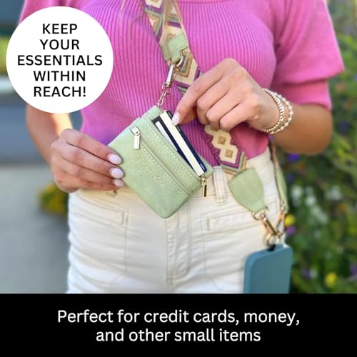 Image of Save the Girls Original Clip and Go Phone Strap Original (Green /Purple Pattern - Green Pouch) - Crossbody Phone Strap Chain with Zipper Wallet Pouch - Phone Lanyard with Zippered Pouch