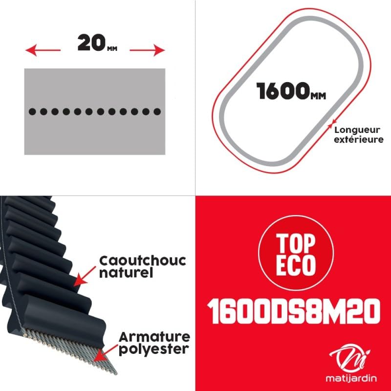 Matijardin - Courroie tondeuse Double Denture 1600DS8M20 prix éco- 20 mm x 1600 mm