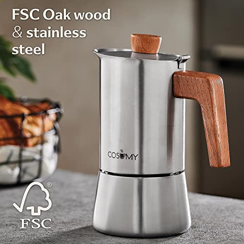 Cosumy Espresso Maker Induction - Stainless Steel Moka Pot 6 Cups - Coffee Maker Suitable for All Hobs - FSC® Oak Wood - Image 2