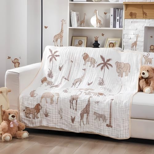 Image of SmoothNovelty Safari Animal Muslin Blanket 47 x 47 Inch Warm Soft Cotton Muslin Swaddle Blanket Nursery Swaddling Wrap Quilt for Bedding Gift, Cold Weather, Jungle Theme Nursery Decor
