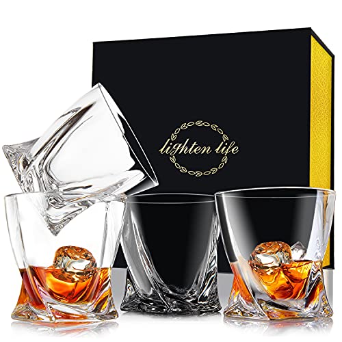 Lighten Life Old Fashioned Glasses,10 oz Set of 4 Whiskey Glasses,Twisted Rocks Glasses Set in Elegant Gift Box,Crystal Scotch Glasses,Bourbon Glass Set Perfect for Bourbon,Scotch,Liquor