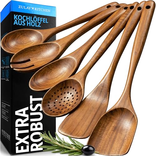 Zulay Kitchen Kochlöffel Holz Set aus Teak - Holzlöffel zum Kochen Holzkochlöffel Holzkochlöffel Klein | Küchenutensilien Holz Kochlöffel Premium Qualität Wooden Spoons Kuchenhelfer Set 6