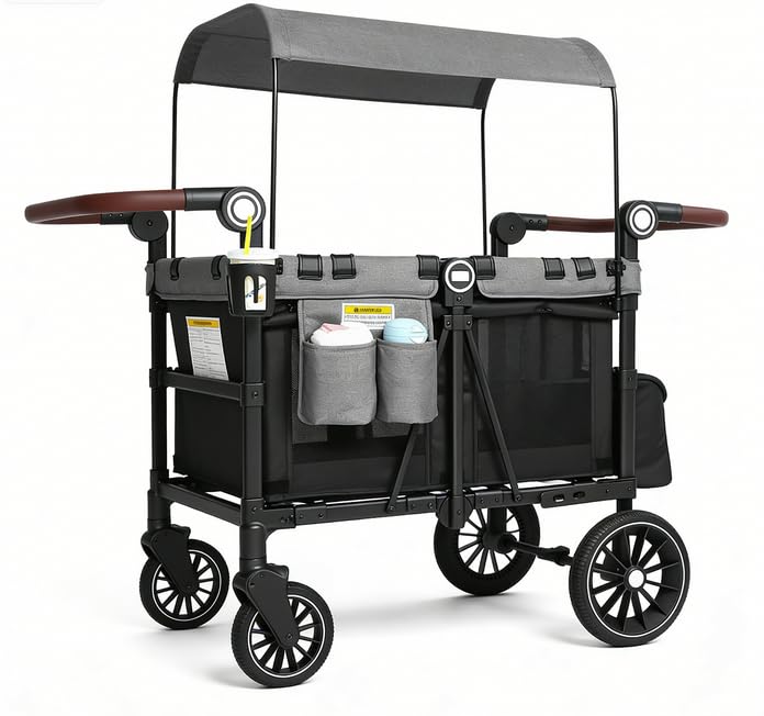 Kinder King Wagon Stroller for 4 Kids, All-Terrain Foldable Outdoor Stroller Wagon 4 Seater, Black&Grey