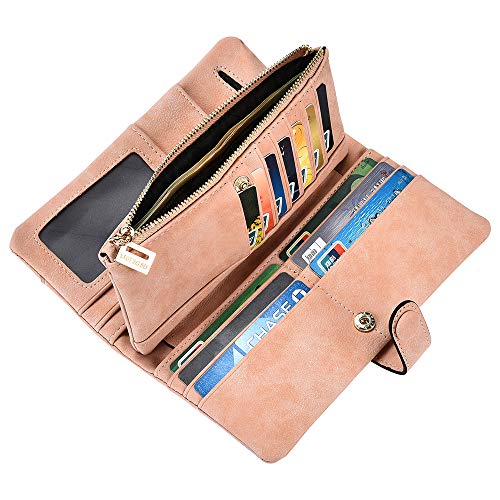 Image of Bird&Fish Women Vegan Leather Wallet Bifold Clutch Large Capacity Card Organizer Buckle Long Purse for Girls Candy Color