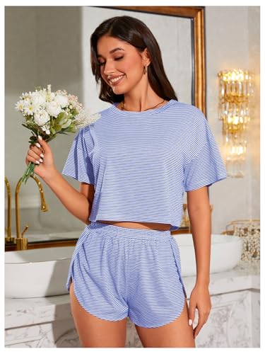 Image of OYOANGLE Womens Pajama Sets 2 Piece Sexy Lounge Sets Summer Cute Pjs Striped Print Tee and Side Split Shorts Set