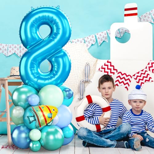 Image of 40 Inch Blue Number 8 Balloon Ocean Under the Sea Number Eight Foil Balloons Tower with Shark Bubble Fish for Boys 8th Birthday Party Decor Blue Green Underwater Digital Aluminum Balloons Stack