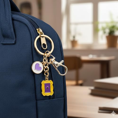 Image of Friends Door Frame with Purple Heart Keychain for Men & Women, Handcrafted, Aesthetic Keychain for Gifting, Durable Anti-Tarnish Metal Key Ring for Car, Bike, House, Travel, Bags