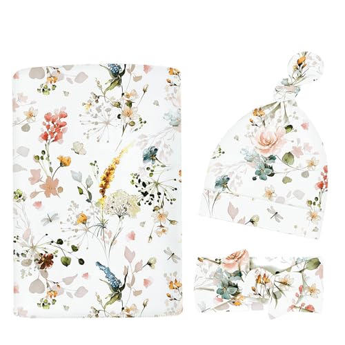 Image of Newborn Swaddle Set with Matching Headband Hat and Bow Set Floral Baby Girl Newborn Receiving Blankets Baby Swaddle Nursery Wildflower Baby Blanket (Blue Flowers)