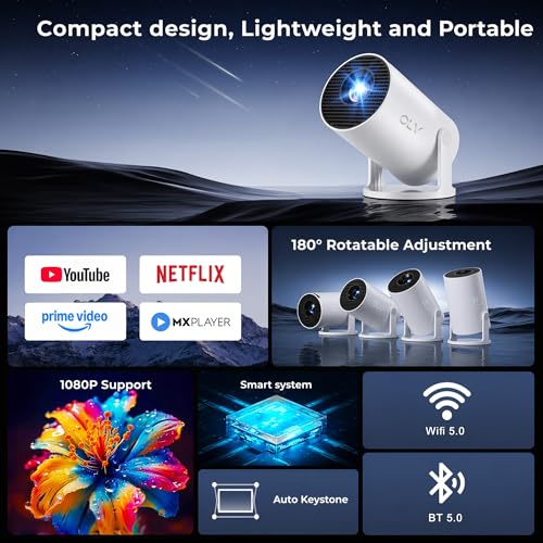 Image of OLV Portable Smart Mini Projector, 4K 1080P Full HD Projector Supports Netflix, Prime and YouTube Etc. WiFi 5G, BT-5.0, Cinema Projector 180 Android 11, Compatible with TV Stick /Windows /iOS /Android