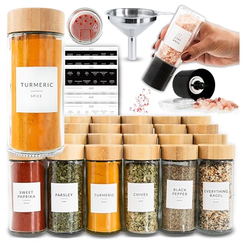 24 Glass Spice Jars with Label, Round Bamboo Spice Jar Set 4oz Seasoning Containers with Labels, 374 Spice Labels, Spice Bottles Funnel Empty Spice Jars and Shaker Lids Spice Containers and Grinder
