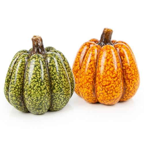 Logbuch-Verlag 2 decorazioni a forma di zucca in ceramica color arancione verde marrone decorazioni autunnale Autunno decorare casa rotonde da appoggiare idea regalo decozione 12,5 cm