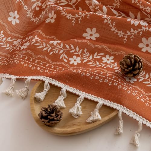 Image of MYSKY HOME Terracotta Boho Floral Linen Curtains 63 Inch Long for Bedroom | Burnt Orange Vintage Farmhouse Curtains for Dining Room Light Filtering Drapes with Tassels Back Tab, 50 inch Wide, 2 Panels