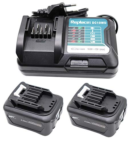 Golem-power 2 X BL1041B Baterías + Cargador 10,8V 12V para Makita BL1021B BL1015 BL1016 DF031D DF0331D JR103D JR105D TD110D HSS01D DC10SB DC10WD DC10WC DC10WA 197339-1 (12V 4000mAh)