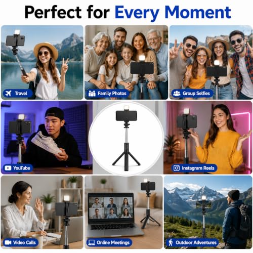 Image of Selfie Stick Tripod 5.6 Feet with LED Fill Light, Extendable Mobile Phone Stand for Video Recording, Vlogging, Live Streaming & Video Calls, 360 Rotation, Compatible with Android & iPhone