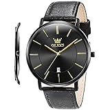 OLEVS Mens Minimalist Watch for Men Male Leather Band All Black Ultra Thin Big Face Large Dial Slim Casual Simple Dress Waterproof Date Calendar Analog Quartz Wrist Watches Strap Gifts
