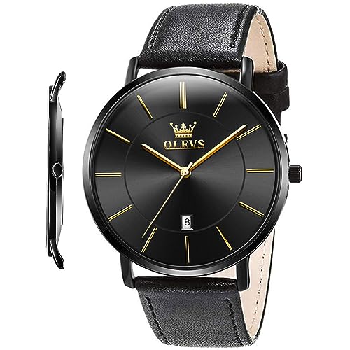 OLEVS Mens Minimalist Watch for Men Male Leather Band All Black Ultra Thin Big Face Large Dial Slim Casual Simple Dress Waterproof Date Calendar Analog Quartz Wrist Watches Strap Gifts