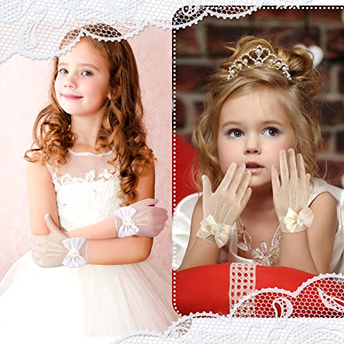 JenPen 3 Pairs Girl Net Lace Gloves Tea Party Costume Kids Princess Gloves Bow Tie Mittens for Communion Pearl Dress for Wedding Pageant Girls Aged 4-164