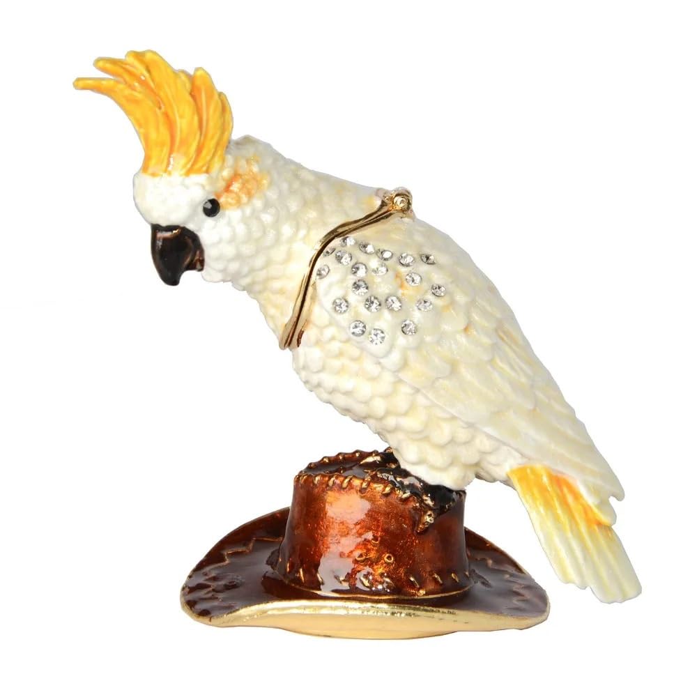 Liuliubull One Color Enameled Hinged Trinket Box With Crystals, White Cockatoo, Bird Figurine Decoration