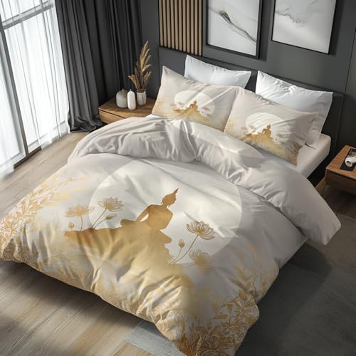 Generisch Housse De Couette 160x200 Bouddha 2 Personnes Adulte Enfant, Parure De Lit Japonais Lune Fleuri Zen 160x200 avec Fermeture éclair, Taie d'oreiller