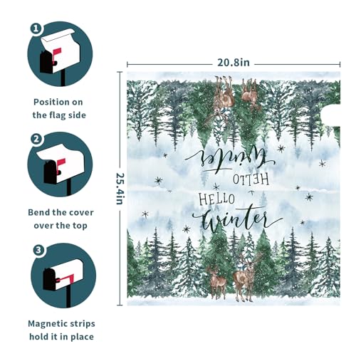 Image of Hello Winter Welcome Pine Trees Mailbox Covers Magnetic Standard Size 25 inchx21 inch Christmas Snow Green Forest Mail Box Wraps Winter Post Letter Box Cover Decor for Home Garden Yard