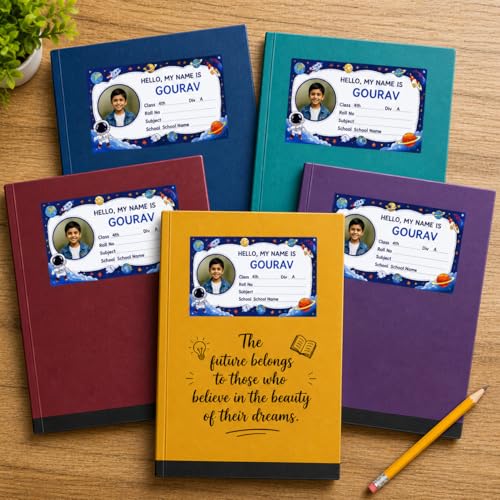 Image of Personalized School Name Labels for Kids with Photo | Waterproof Custom Sticker Set for NoteBooks | Self Adhesive Vinyl with Child Name, Class, Division | 3.5 x 2 Inches | 30 PCS (BDS-1)