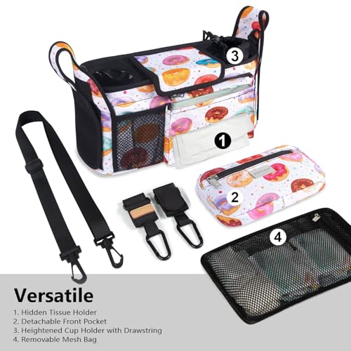 Image of TOPDesign Universal Baby Stroller Organizer, Stroller Caddy with Detachable Mesh Bag & Heightened Insulated Cup Holders & Non-Slip Secure Hooks Accessories, Fits Most Strollers (Donuts)