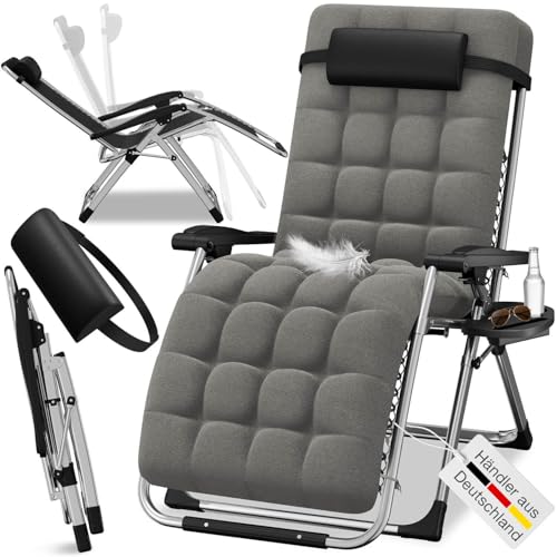 ELONEO Liegestuhl klappbar inkl. Premium Polster, Sonnenliege wetterfest mit 200 kg Belastbarkeit, Gartenstuhl extra breit, Gartenliege mit Verstellbarer Rückenlehne, Nackenkissen und Getränkehalter