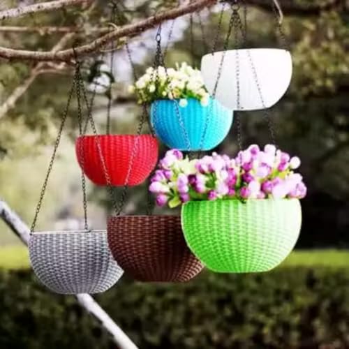 Image of Plastic Chain Hanging Round Basket Pots | Pack of 6 | Multicolor Hanging Planter for Indoor & Outdoor Use | Durable, Weather-Resistant, Decorative Flower Pots