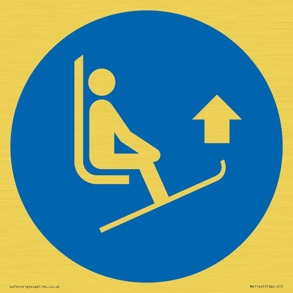 Mandatory: Lift ski tips Sign - 150x150mm - S15, Blue/White