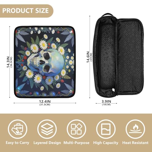 Bolso de viaje para herramientas de cabello para mujer con almohadilla resistente al calor, organizador grande para herramientas calientes como rizador, planchas y volumizador estilo gótico con diseño de calavera y flores en negro miniatura 4