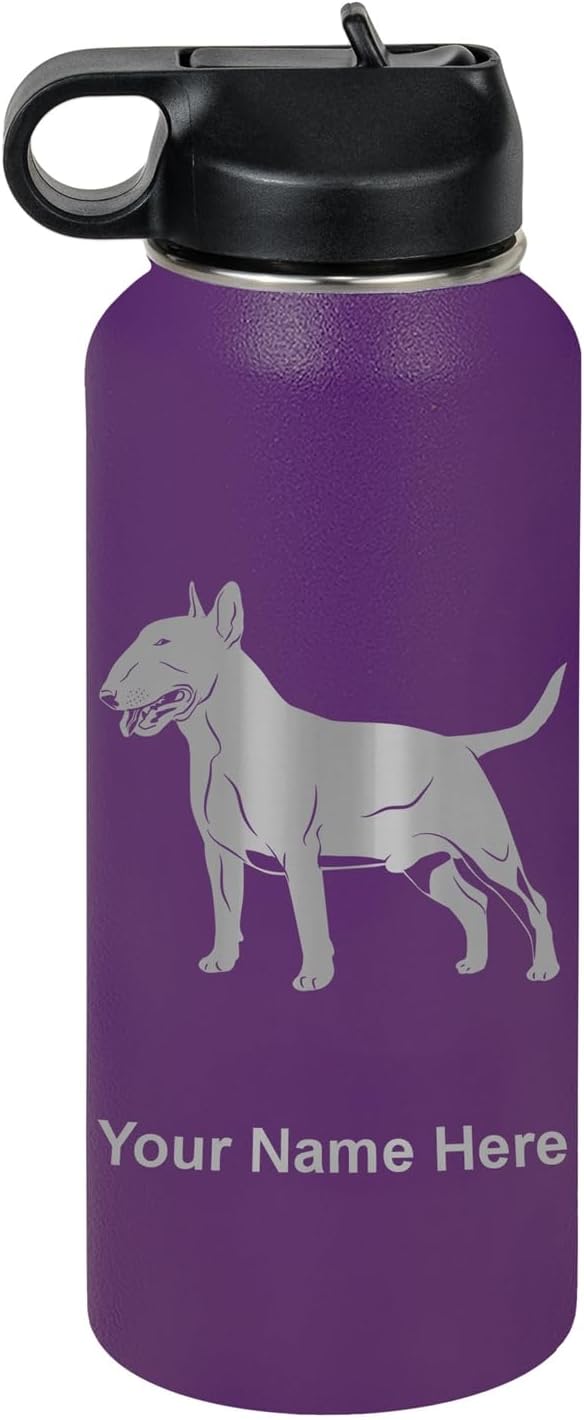 LaserGram Personalized Water Bottle, Bull Terrier Dog, Stainless Steel Double Wall Vacuum Insulated with Flip Top Straw, Custom Engraved Gift (32oz / 950ml Dark Purple)