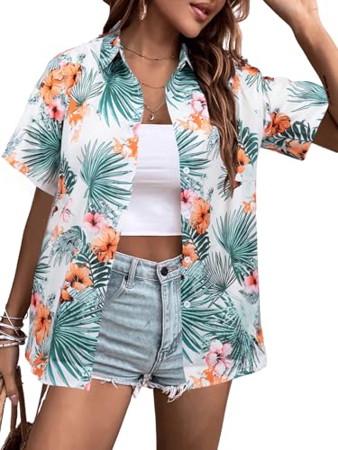 Image of ASTANFY Hawaiian Shirt Women Hawaii T-Shirt Tropical Floral Printed V Neck Shirts Soft Cool Summer Beach Button Up Blouse