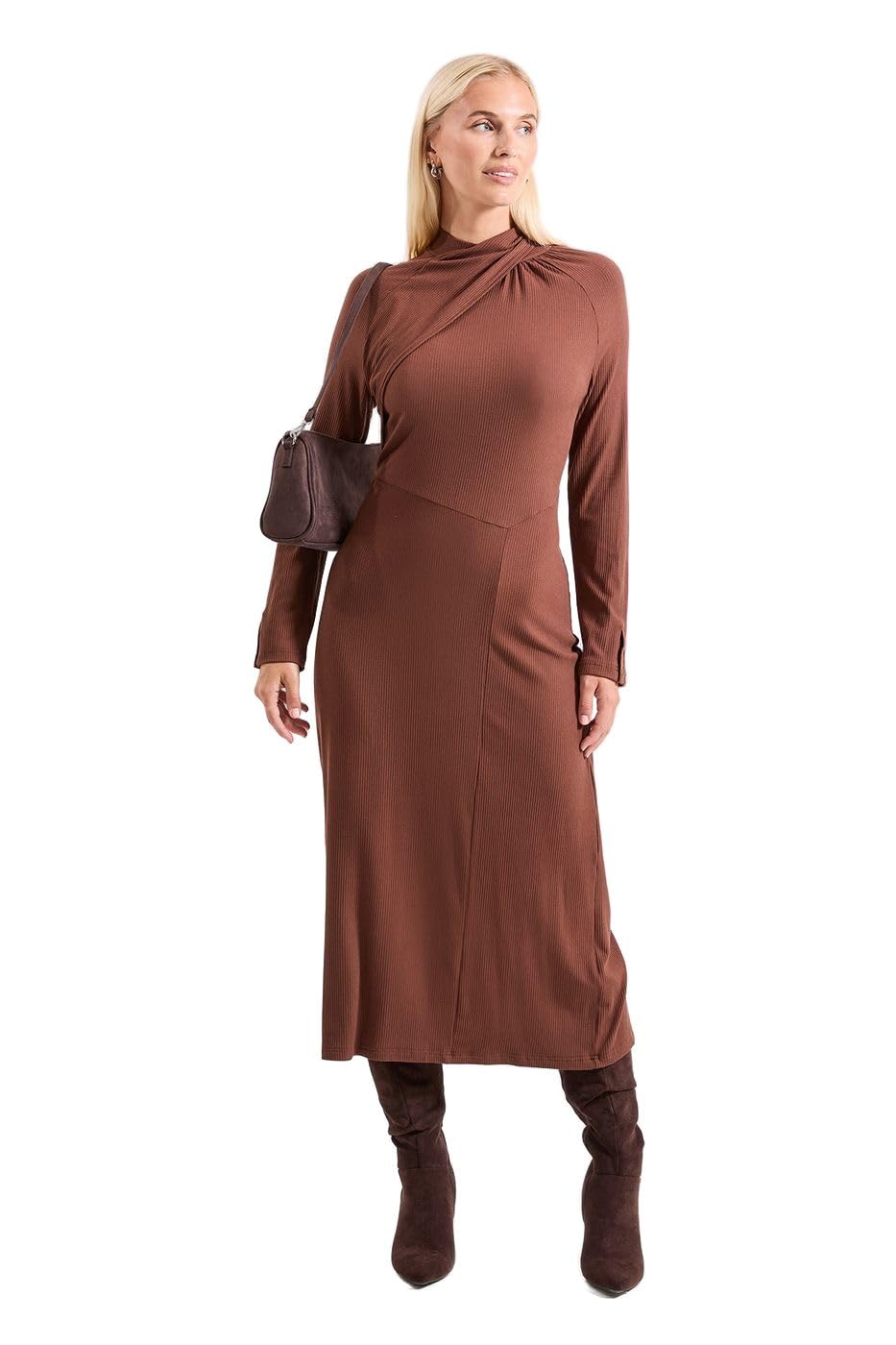 Principles Women's Mocha Twist Detail Ribbed Jersey Midi Dress, 14,
