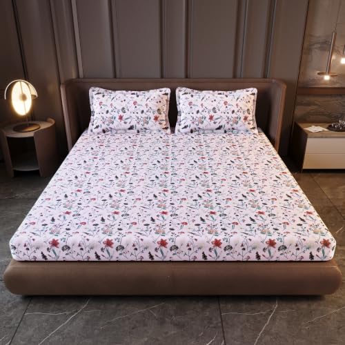 Image of Divine Casa King Size Fitted Bedsheet with 2 Pillow Covers (200 x 180 CM) | Cotton Twill Satin Floral Print |Rose Pink Elastic Fitted Sheet for Mattress.