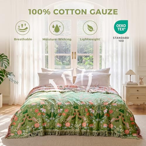 Image of LUTBM Boho Throw Blanket for Bed 60 inchx80 inch, 100% Cotton Green Couch Blankets