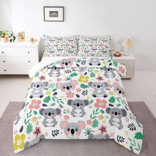 Image of Feelyou Cute Koala Bear Comforter Set Queen Size, Cartoon Koala Comforter Botanical Leaves and Flowers Comforter Set for Kids Kawaii Animals Duvet Set Microfiber Quilt Set