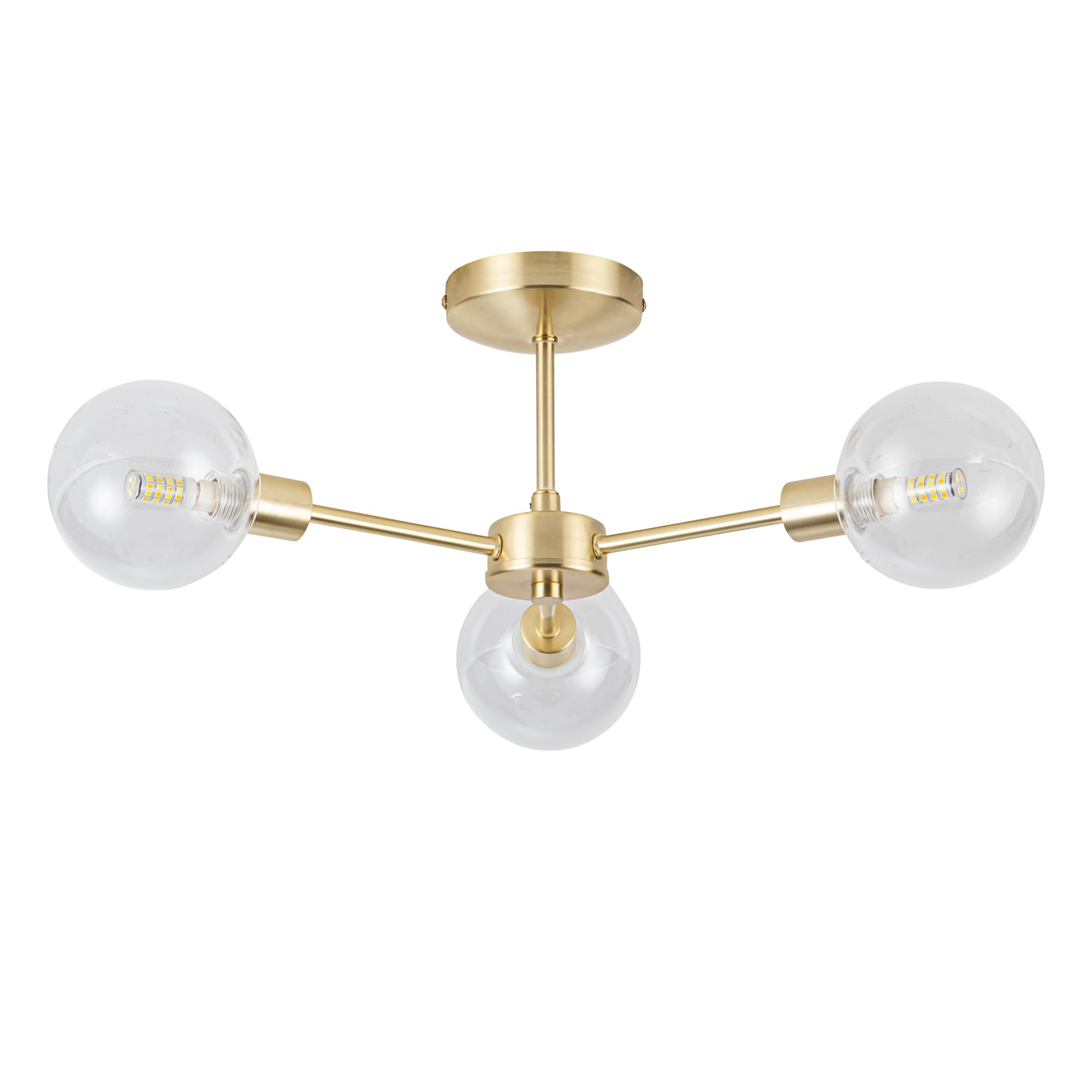 firstchoicelighting Brushed Gold Brass Ceiling Light Flush Fitting with Clear Glass Globes, LED Compatible, Ideal for Low Ceilings