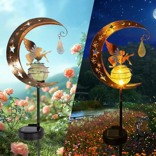 YZYOE Lámpara de cristal hada la flor la luna solar, hermosa luz de tierra cristal hada hierro decorativo del jardín, luz led del crepúsculo inalámbrico al amanecer impermeable.