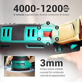 DCA Levigatrice Orbitale 300W, 6 Velocità Variabili 12000RPM Levigatrice Rotorbitale, Collecteur de Poussière, 10psc 125MM Dischi Abrasivi per la Lavorazione del Legno, Levigatura, Lucidatura, DIY