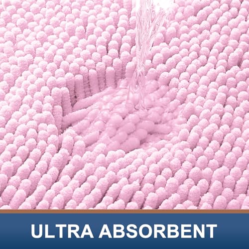 Smiry Luxury Chenille Bathroom Rugs 44x24, Extra Soft and Absorbent Shaggy Bath Mat, Machine Washable, Non-Slip Plush Carpet Runner for Tub, Shower, and Floor, Home Decor Accessories, Pink