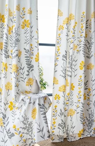 Image of Tranquebar Curtain Co. Cotton Curtains 8 Feet Long, 60-65% Room Darkening, Yellow Floral Print, 8 Feet Curtains, 8 Feet Curtains, BackTab Loops, Design Mazzo (244 cm) - Set of 2