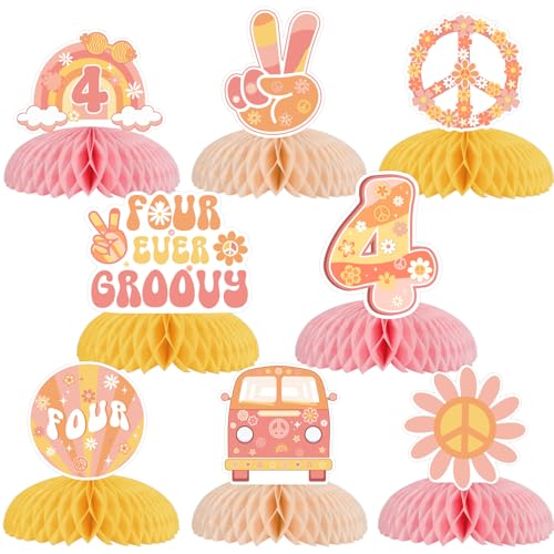 Four Ever Groovy centre de table alvéolé 3D | Décoration anniversaire 4 ans fille facile à monter