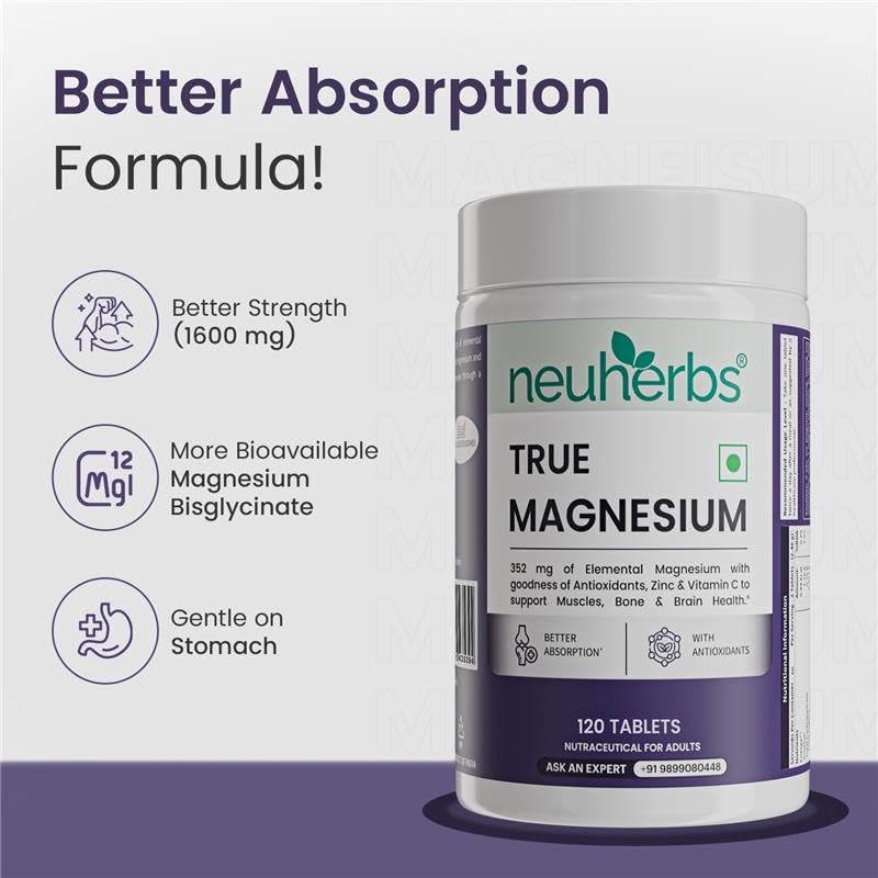 Image of Neuherbs Magnesium Bisglycinate Tablets 1600mg | Chelated High Absorption Form True Magnesium with Zinc & Vitamin C | Supports Sleep, Muscle Recovery & Joint Health | 120 Tablets