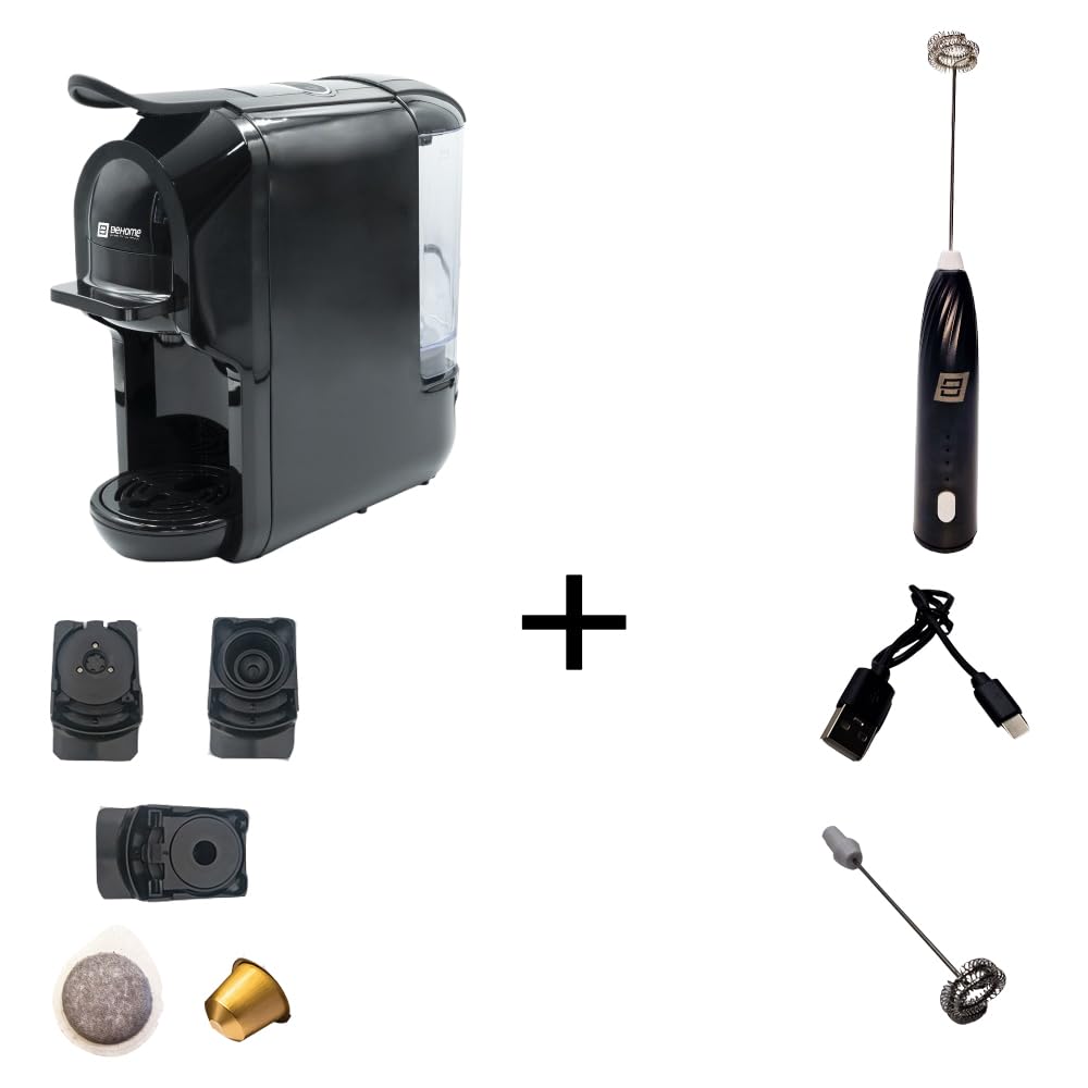 BEHOME Espresso ekspres do kawy do kapsułek i kapsułek kompatybilne z Nespresso i Dolce Gusto, 3 różne adaptery, system antywapienny + elektryczny spieniony spieniony trzepaczka do kawy, idealna kombi