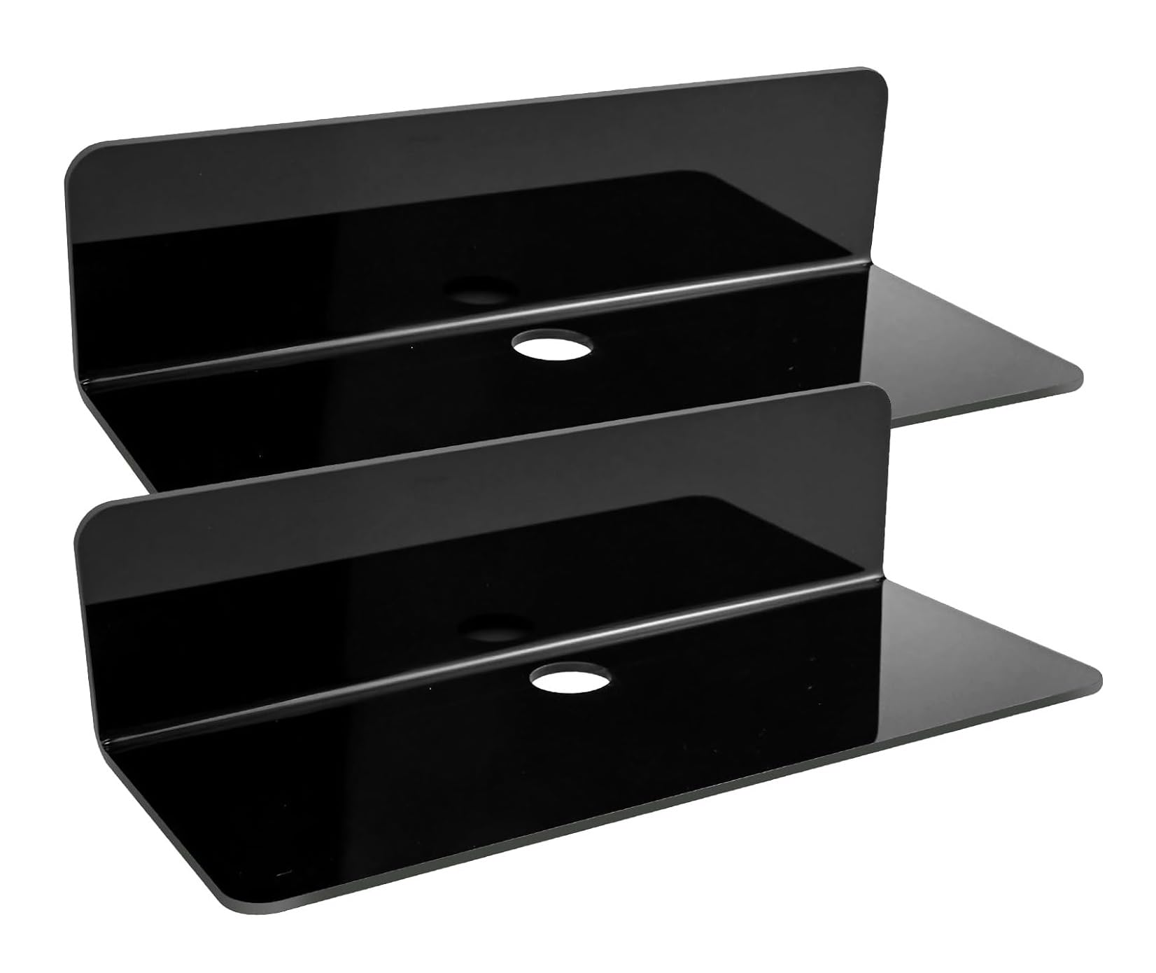 Acrylic Floating Shelves Set of 2, Versatile Small Shelf for Router CDs Book Picture Plant Security Cameras Speaker No Drill Floating Shelf with Cable Clips Adhesive or Drill Installation (Black)