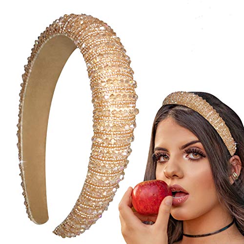 LOKFAR Velvet Adult Headbands for Women Thin Rhinestone Beaded Headband Jeweled Headband, Fashion Glitter Bedazzled Headband Crystal Embellished Hair Hoop Trendy Wedding Headband for Girl(1 Champagne)