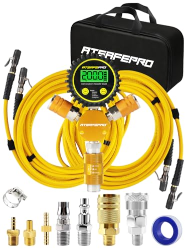ATsafepro 4 Tire Inflation Deflation System Fits up to 155 Wheelbase Rapid Air Up Down Kit w/Backlit Digital Pressure Gauge & Slide Valve 300PSI Flexible Hose for Truck Jeep Off-Road Trailers