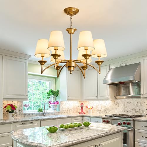 Image of 6 Light Chandelier with White Linen Fabric Shades Modern Gold Pendant Ceiling Light Fixture Dining Room Hanging Light for Hallway Kitchen Bedroom Entryway Foyer.