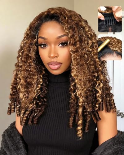 sterly Highlight Burmese Curly Half Wig Human Hair Drawstring Wear and Go Glueless Flip Over 3 in 1 180% Density Human Hair Wigs 4/27 Ombre Headband Wig for Women 16Inch