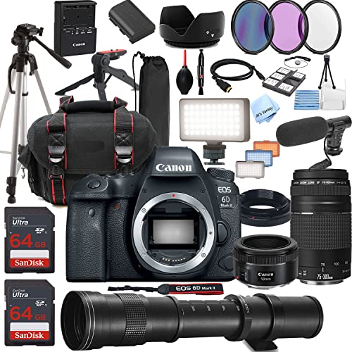Canon EOS 6D Mark II DSLR Camera w/EF 50mm STM + 75-300mm + 420-800mm Super Telephoto Lens + LED Always on Light + 128GB Memory, Filters, Case, Tripod + More (34PC Bundle Kit)